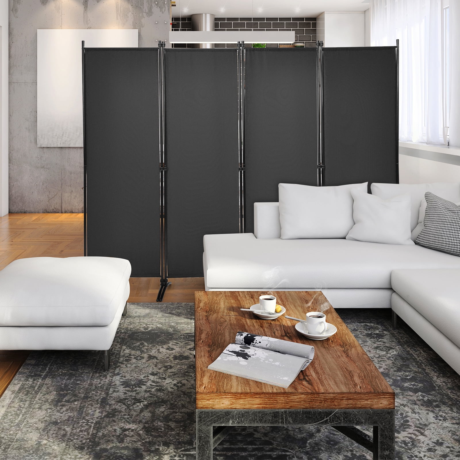 Patiojoy 5.6Ft Tall Folding Room Divider Freestanding 4-Panel Privacy Screen w/Iron Frame Black