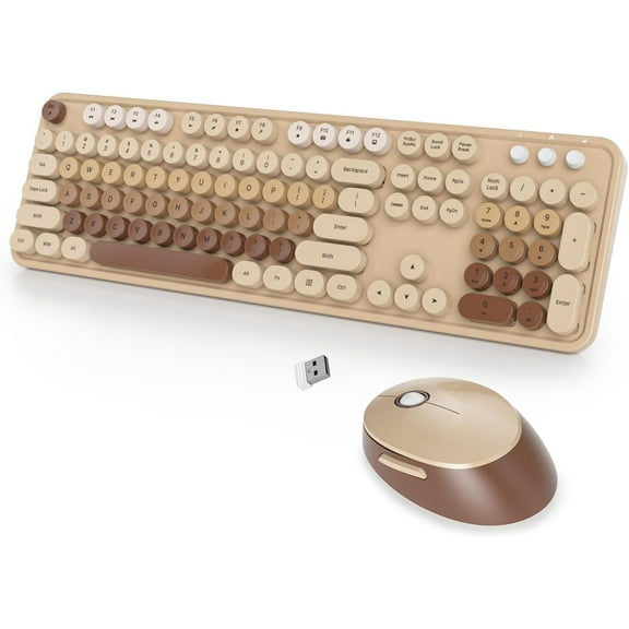 Wireless Keyboard and Mouse Set, Retro Typewriter Keyboard, 2.4GHz Full Size 104-Key Cute Keyboard with Number Pad, Colorful Keyboard
