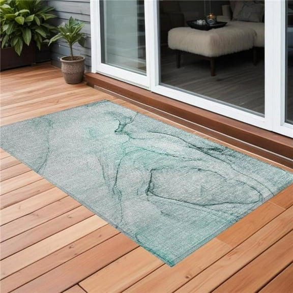 HomeRoots 559418 3 x 5 ft. Teal Abstract Washable Non Skid Indoor Outdoor Rectangle Machine Woven Area Rug