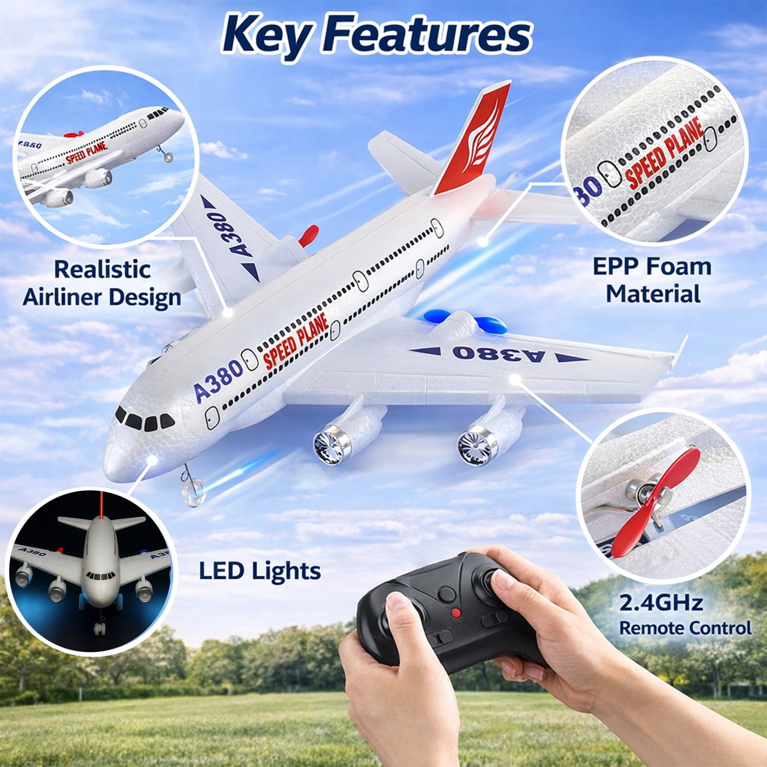 Remote Control Airplane A380 RC Plane 2.4GHz 2.5CH Foam Glider, Easy to Fly Beginner Aircraft Toy for Kids Adults
