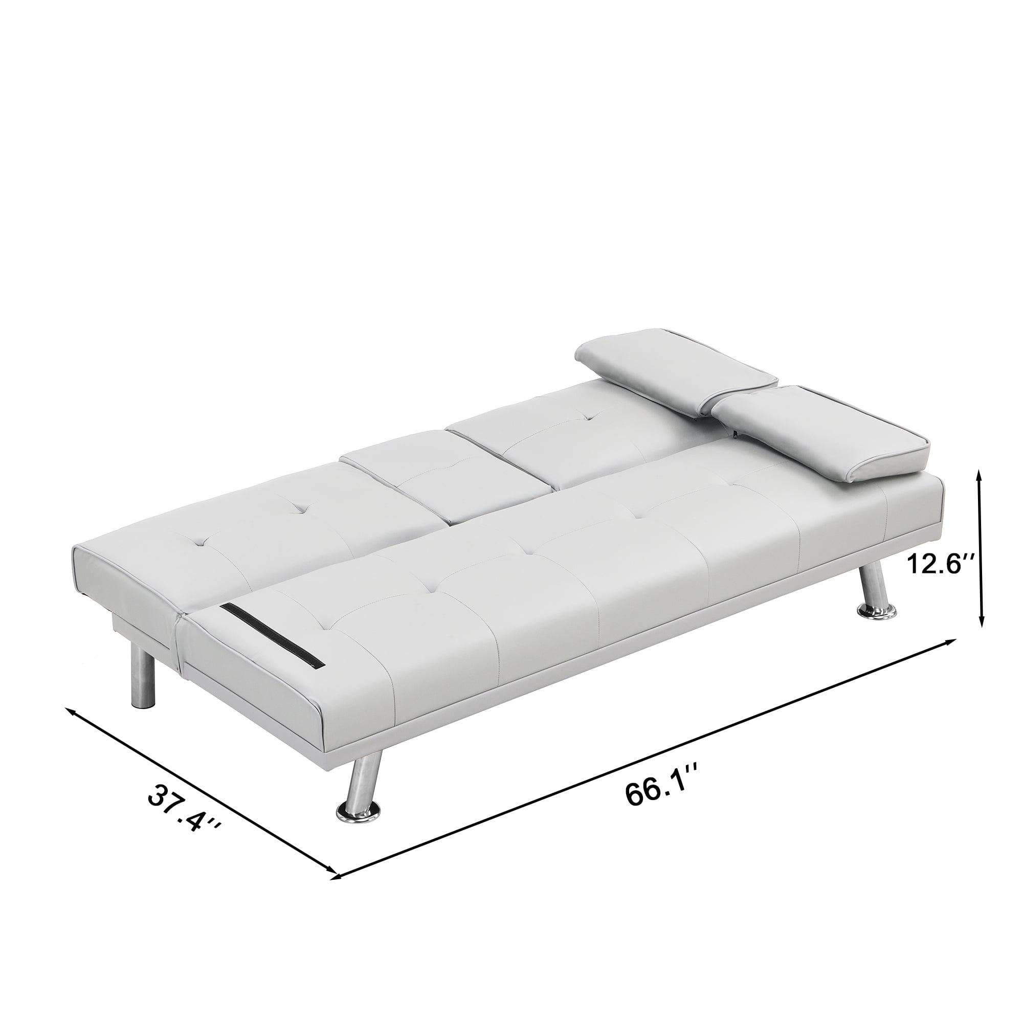 Leather Futon Sofa Bed Convertible Folding Couch Modern Faux Leather with Cupholders and Pillows