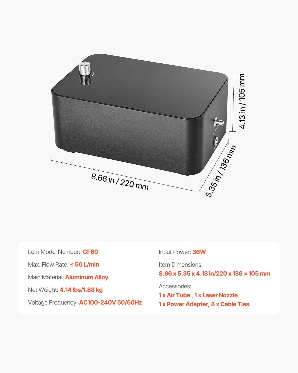 VEVOR Air Assist, Adjustable 50 L/min Airflow, Air Assist Pump Kit for Laser Cutter and Engraver, Clear Smoke and Dust, Reduce Surface Temperature, Shield Laser Lens, for Laser Engraver ≥ 20W