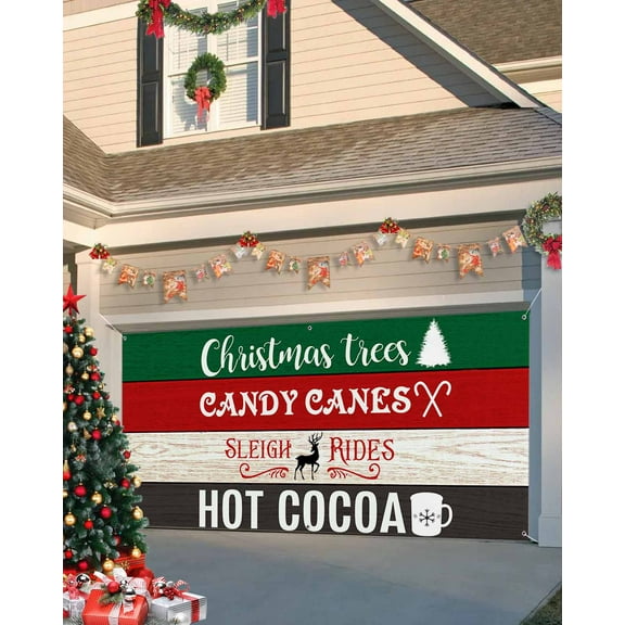 Garage Door Banner Cover 7 x 16 ft, Christmas Xmas Tree Reindeer Coffee in Wood Grain Background Christmas Garage Door Decorations Holiday Christmas Backdrop Decor for Winter New Year Xmas Party