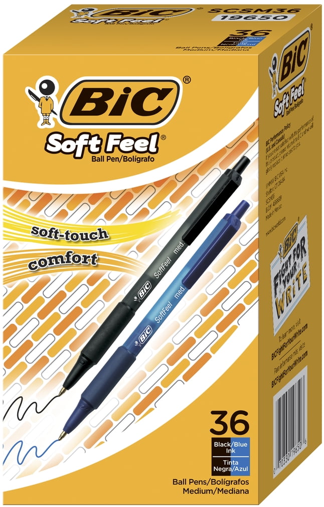 BIC Soft Feel Retractable Ballpoint Pen, Black and Blue Ink Pens, Medium Point (1 mm), 36 Count
