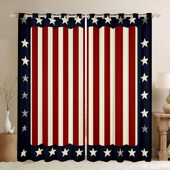 Manfei Vintage Stripes Kitchen Curtains, Patriotic Stars Black Out Curtains Pack of 2 (42x63 Each), Red White Blue