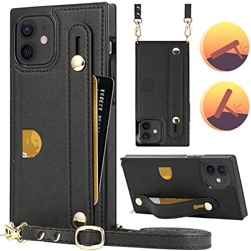 Compatible with iPhone 12 Wallet Case iPhone 12 Pro Case Wallet Leather Crossbody Case with Hand Strap,Kickstand,Card Holder,Adjustable Shoulder Strap,HOGGU Square Corner Case Protective Cover,Black
