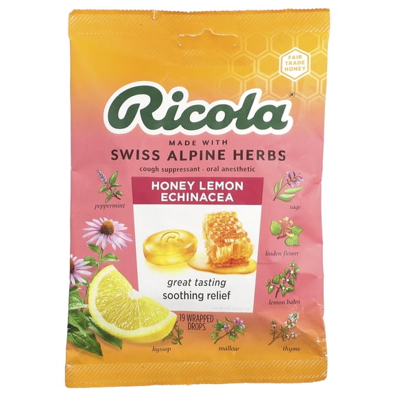 Ricola Honey Lemon with Echinacea Cough Drops for Sore Throat and Cough Relief, 19 Count