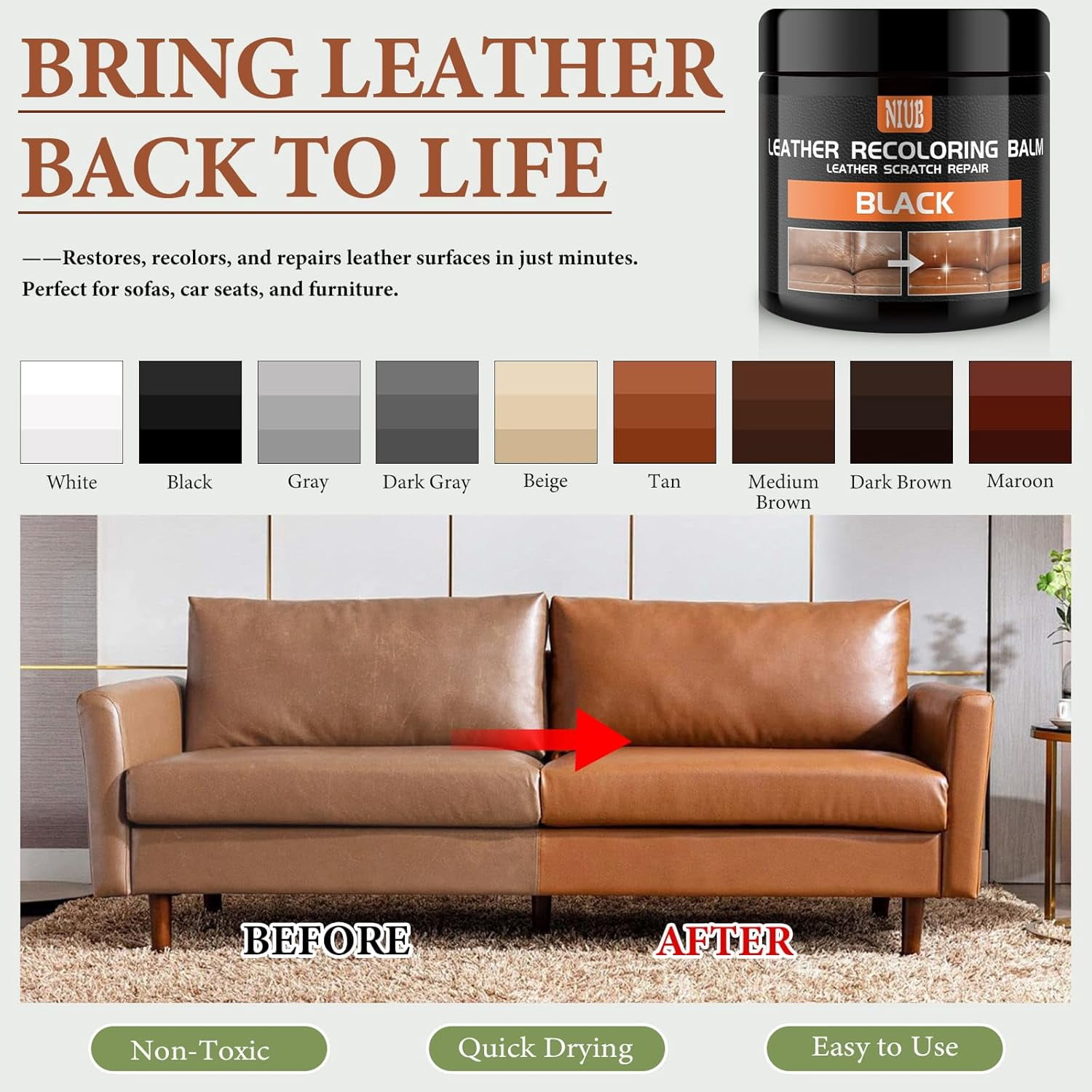 JJEAN-Leather Recoloring Balm Leather Color Restorer Scratch Repair Leather Paint for Furniture Couches Car Seats Shoes Bags Leather Dye and Scratched Leather with Leather Conditioner - TAN