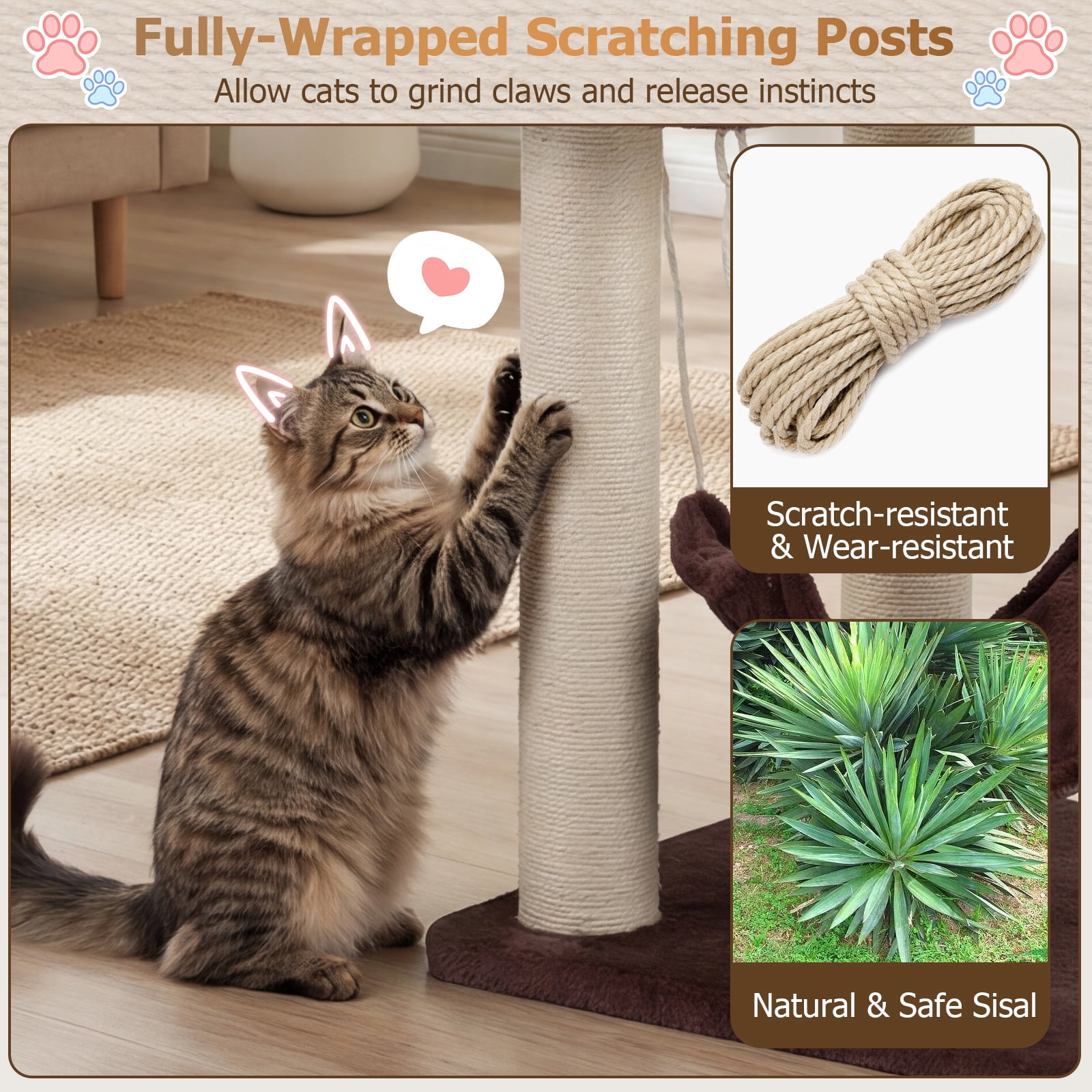 Costway Modern Cat Tree Tower with Natural Sisal Scratching Posts Hammock Balls for Kittens Brown