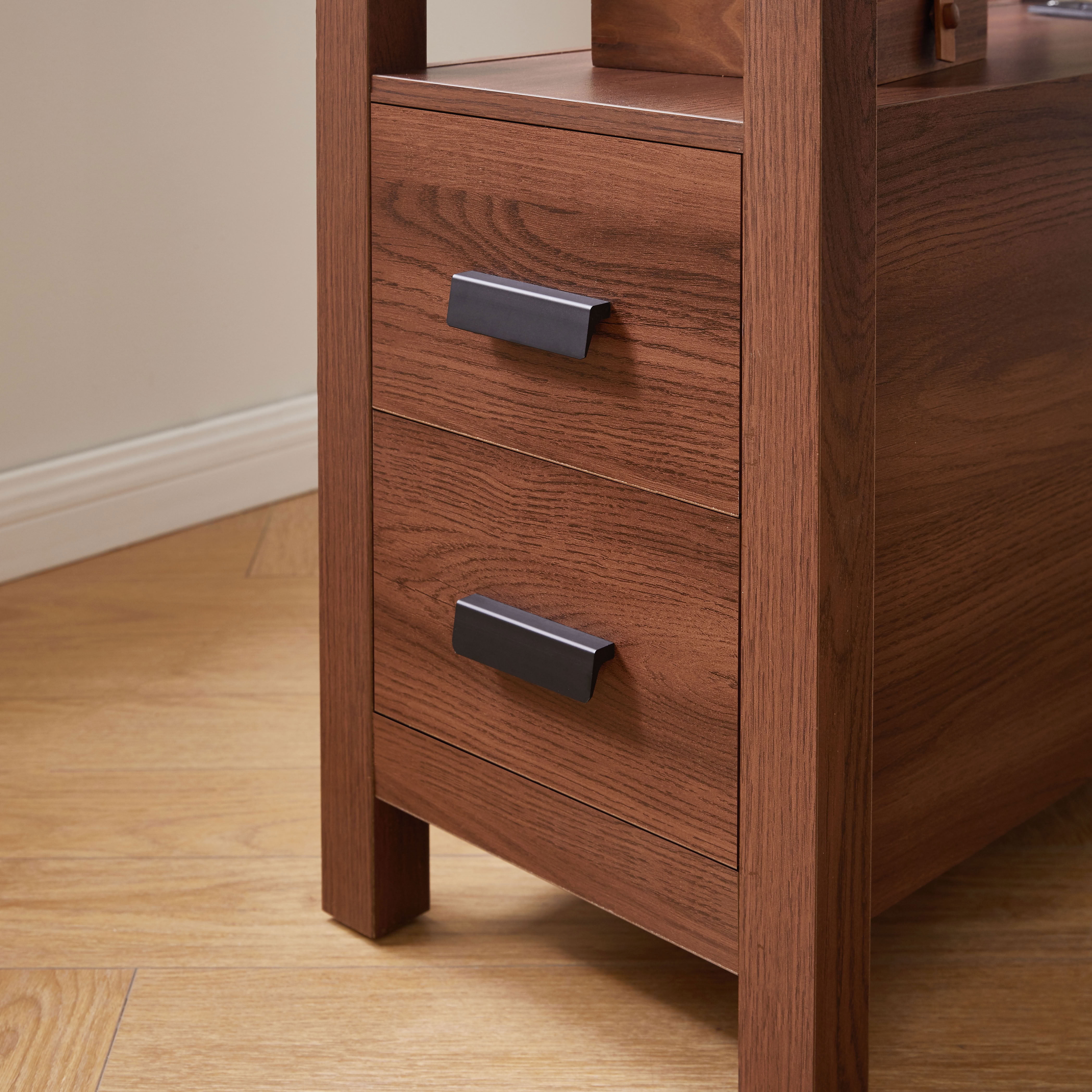MAYEERTY Narrow End Table with Charging Station, Modern Side Table with 2 Drawers and Open Shelf, USB Ports, for Living Room Bedroom Small Spaces