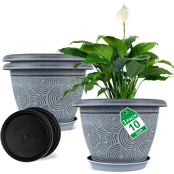 10 Inch Flower Pots Planters for Indoor Outdoor Plants, 3 Pack Plastic Large Plant Pots with Drainage Hole & Tray, Modern Decorative Garden Pot with Saucer, Plant Container for House