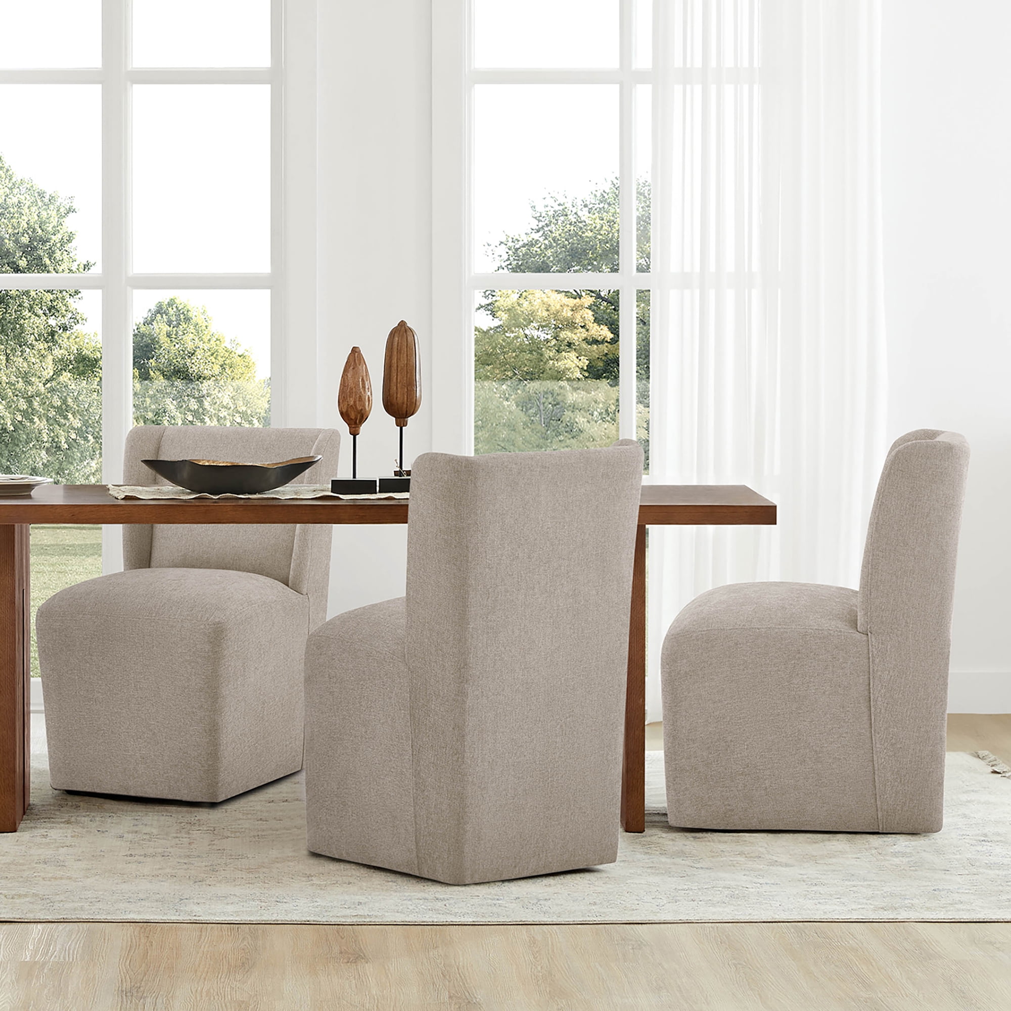 Spruce & Spring Anywhere Upholstered Dining Chair with Hidden Detachable Casters, Stain-Resistant Linen-Look Fabric, Khaki