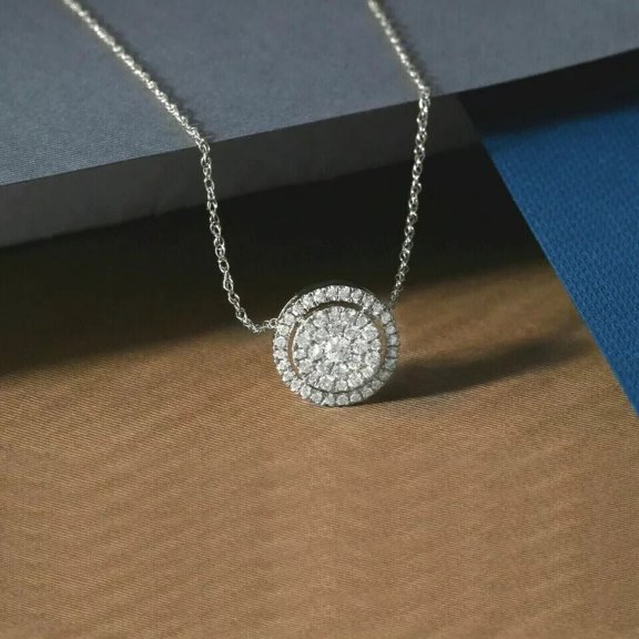 2.00Ct Round Cut Lab Created Diamond Halo Pendant 14K White Gold Plated 18in Free Chain