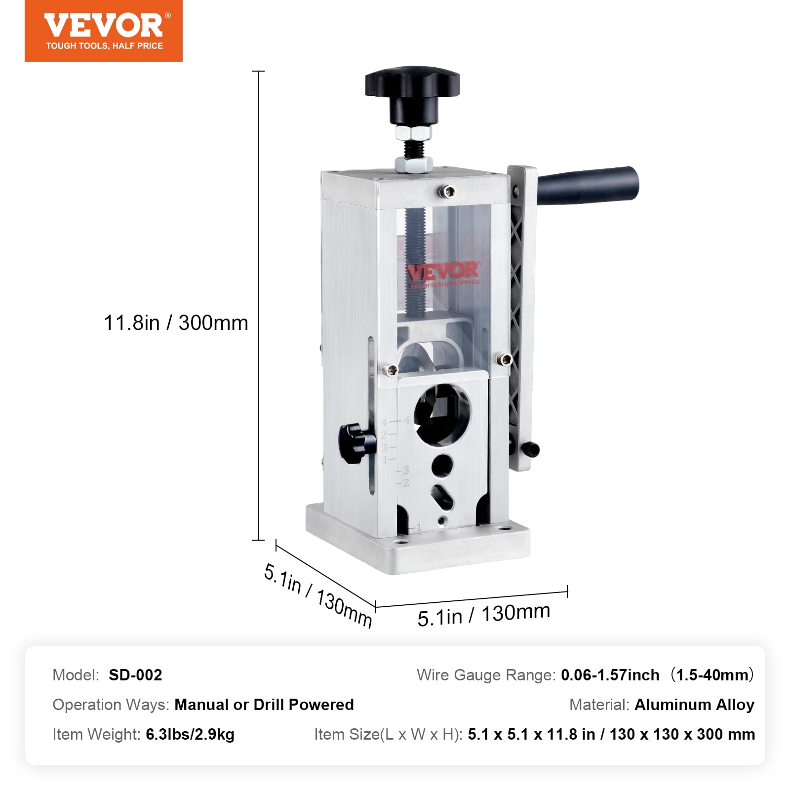 VEVOR Hand-Operated Wire Stripper, 0.06''-1.5'' Cable Removal Tool, Drill Attachment Option, Clear Depth Gauge, Lightweight Aluminum Build for Efficient Copper Scrap Processing
