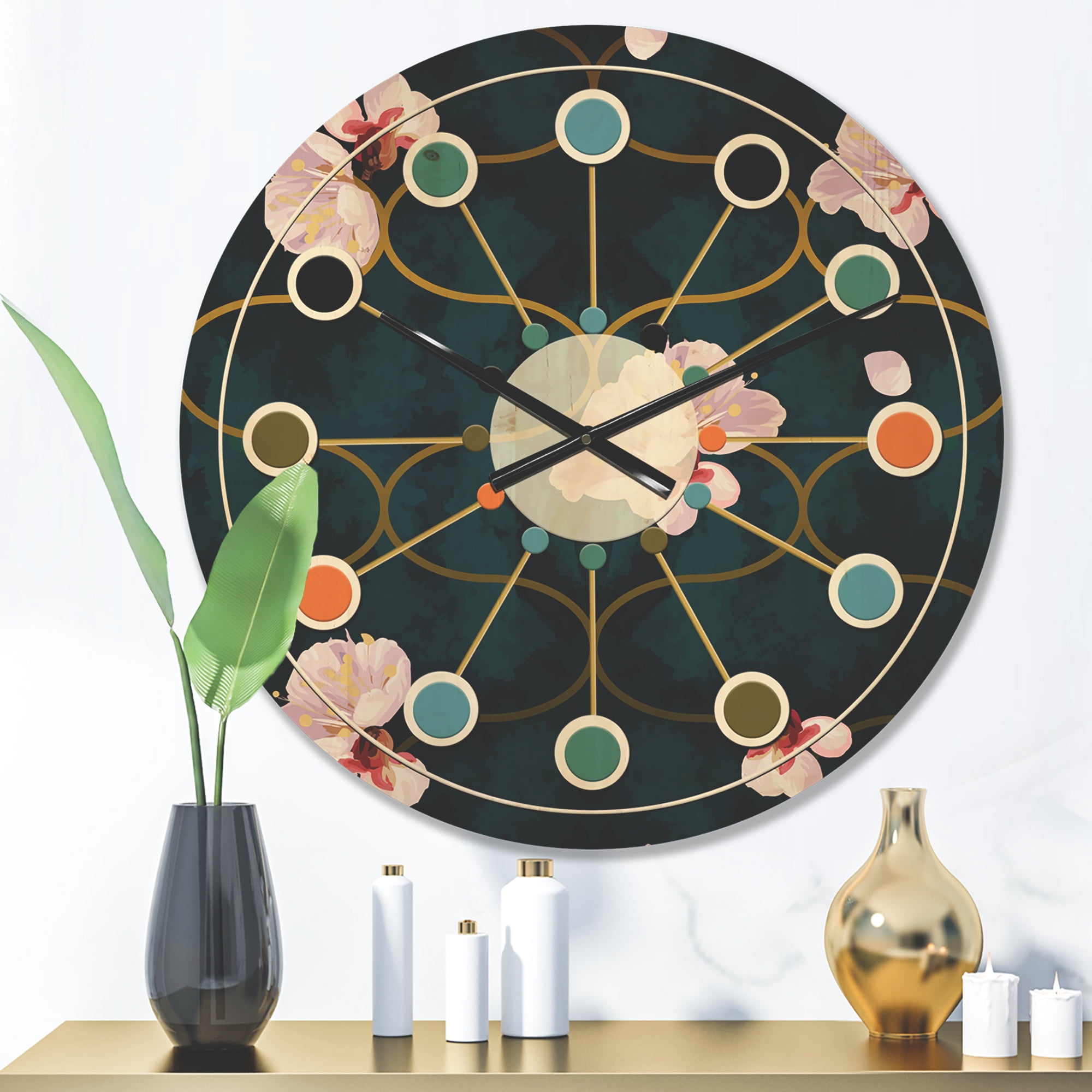 Designart 'Pink Flower Retro Pattern II' Mid-Century Modern Wood Wall Clock