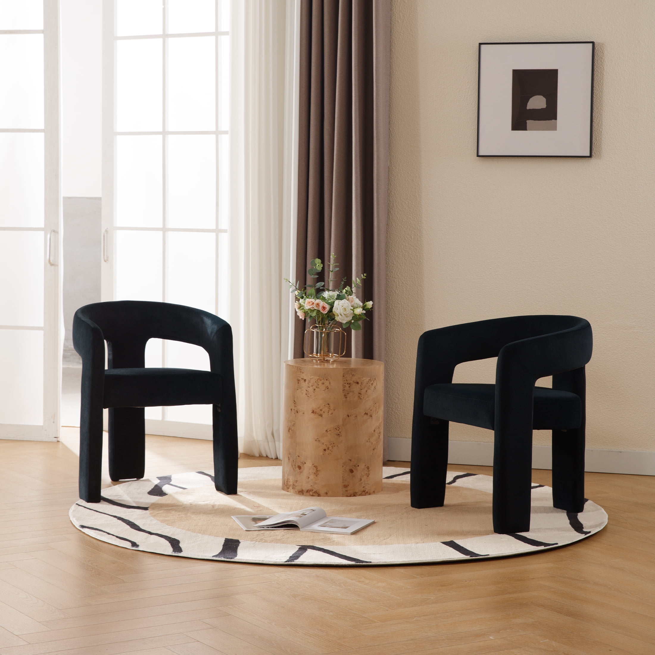 Guyou Modern Velvet Upholstered Dining Chair, Cute Barrel Side Armchair Kitchen Chair with Armrests and Back for Living Room Dining Room Bedroom, Black