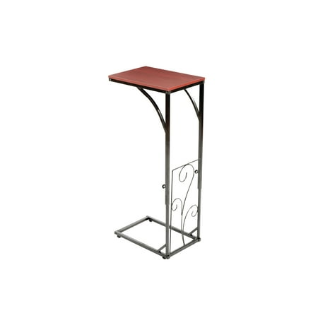 Etna Adjustable Height Sofa Side End Table -Brown Wood Top, Black Metal Scroll