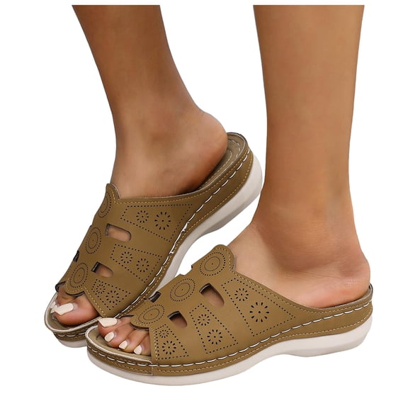 Womens Orthopedic Sandals Boho Hollow out Open Toe Slides with Arch Support Comfy Slip on Low Wedge Slip on Beach Shoes Casual Slippers Brown Size 6