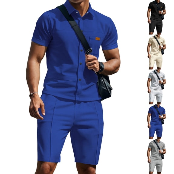 HBGVBA Men Athleisure 2 Piece Set Solid Color Short Sleeve Lapel Button Down Shirt Knit Shorts Casual Outfit