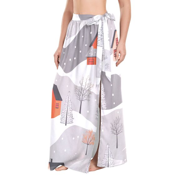 FORMRS Womens Long Sarong Beach Wrap Semi-Sheer Bikini Skirt Bathing Swimsuit Cover Up, Snow Cartoon Houses