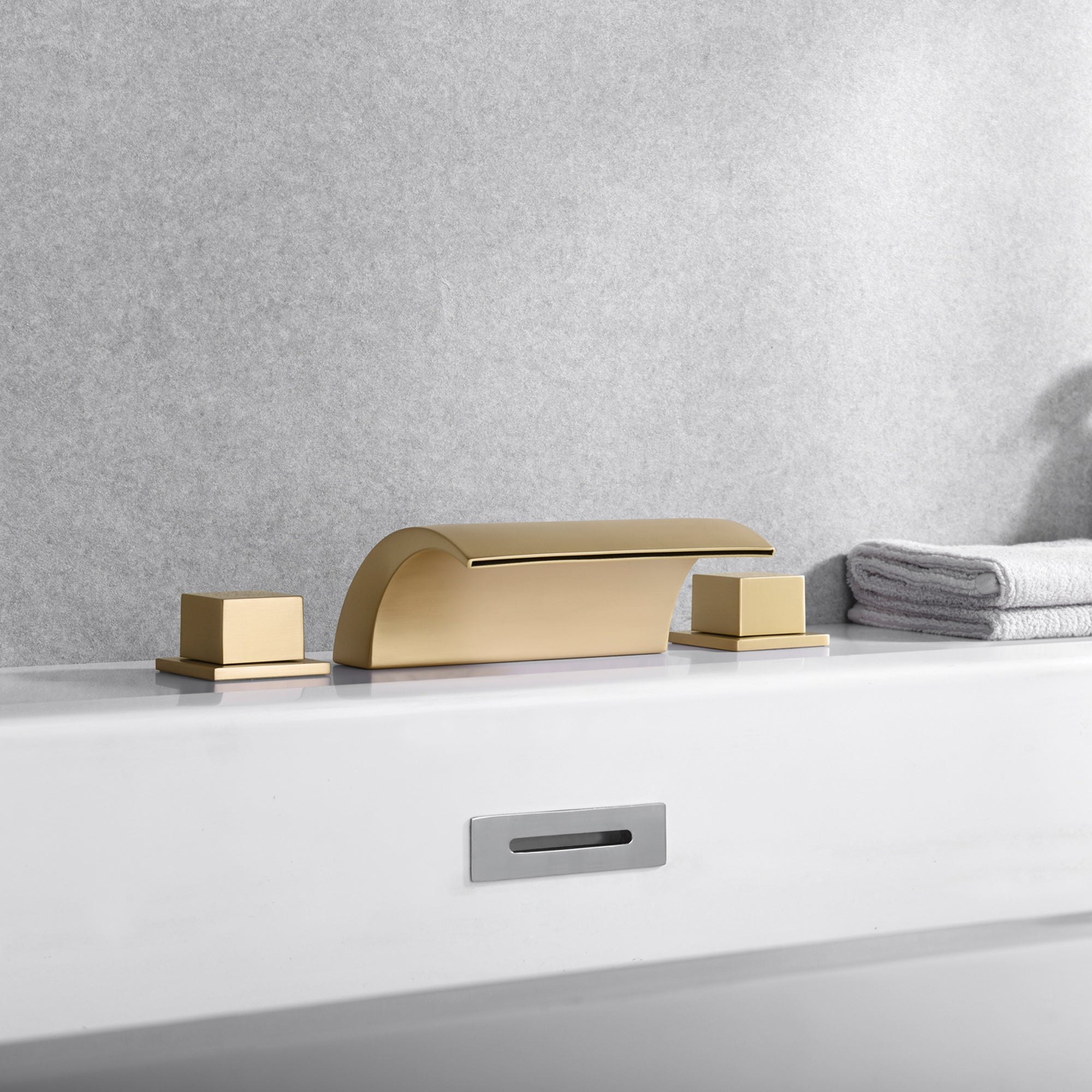 Sumerain Roman Tub Faucet with Waterfall Spout, 3-Hole Deck Mount High Flow Bath Tub Filler, Brushed Gold Finish