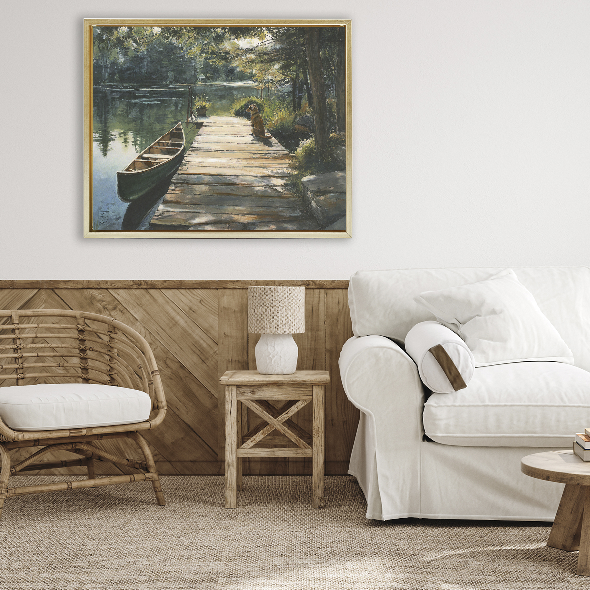 Lake Life Dog on Dock Gold Framed Floater Canvas Wall Art, design by Sara Culpepper