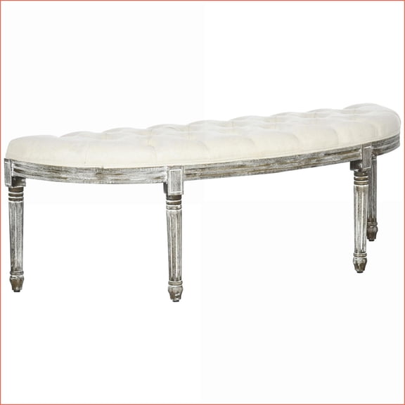 Semi-Circle Tufted Upholstered Bench, Vintage French-Inspired with Rubberwood Legs for Bedroom Entryway Hallway, Off White | Polyester | 56” W