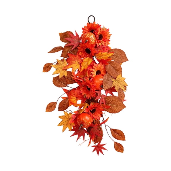 Kokovifyves 19.69x14.57in Fall Garland Wall Hanging, Artificial Maple Leaves Pumpkin and Sunflower Wreath for Thanksgiving Door Window Mantel Decor