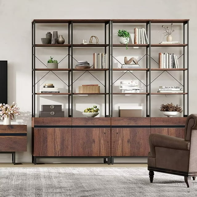 WAMPAT 2 Pcs de Bibliothèque à 5 Niveaux avec Armoire de Rangement, Bibliothèque Industrielle Debout de 73 Pouces pour Maison et Bureau