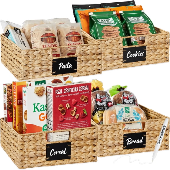 Best Choice Products Set of 4 13in Woven Water Hyacinth Pantry Baskets w/ Chalkboard Label, Chalk Marker - Natural