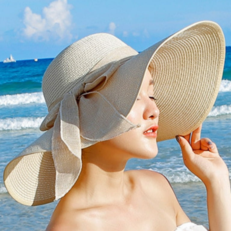 Riguas Sun Hat Floppy Big Brim Sweat Absorbing Soft Knitted UV Protection Solid Color Folding Ribbon Bowknot Summer Straw Cap for Beach