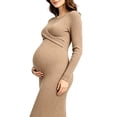 thumbnail image 6 of Womens Maternity Sweater Dress Twist Front Ribbed Knit Soft Bodycon Midi Dress Long Sleeve Pregnancy Clothes (S, Brown), 6 of 7