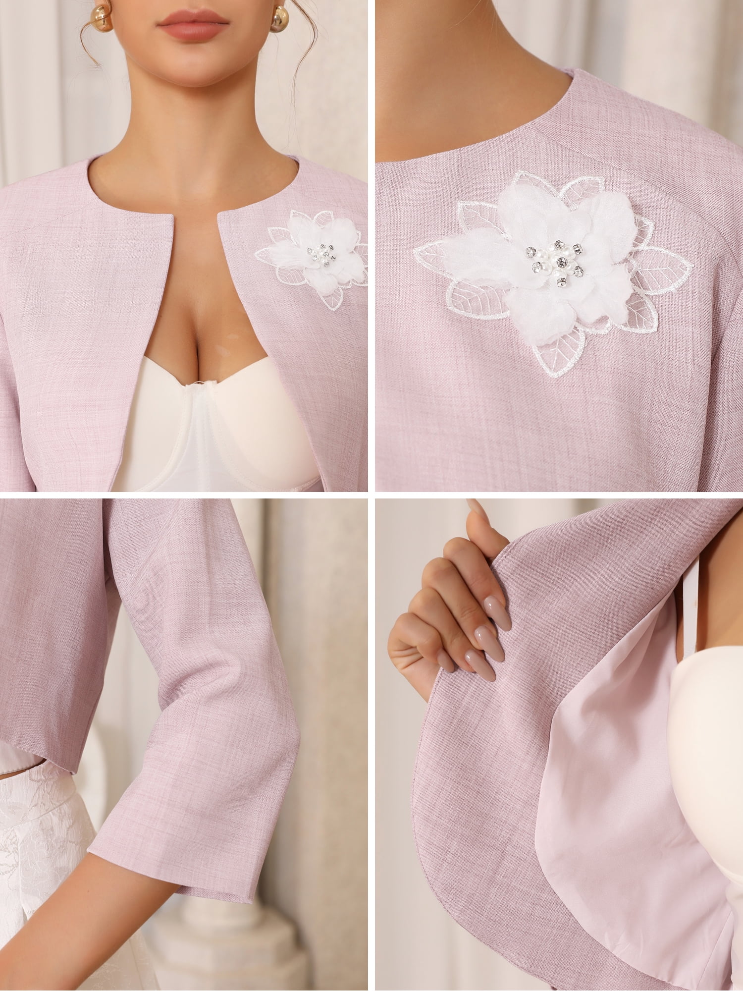 DARING DIVA Women's 3/4 Sleeves Flower Decor Open Front Formal Bolero L Pink