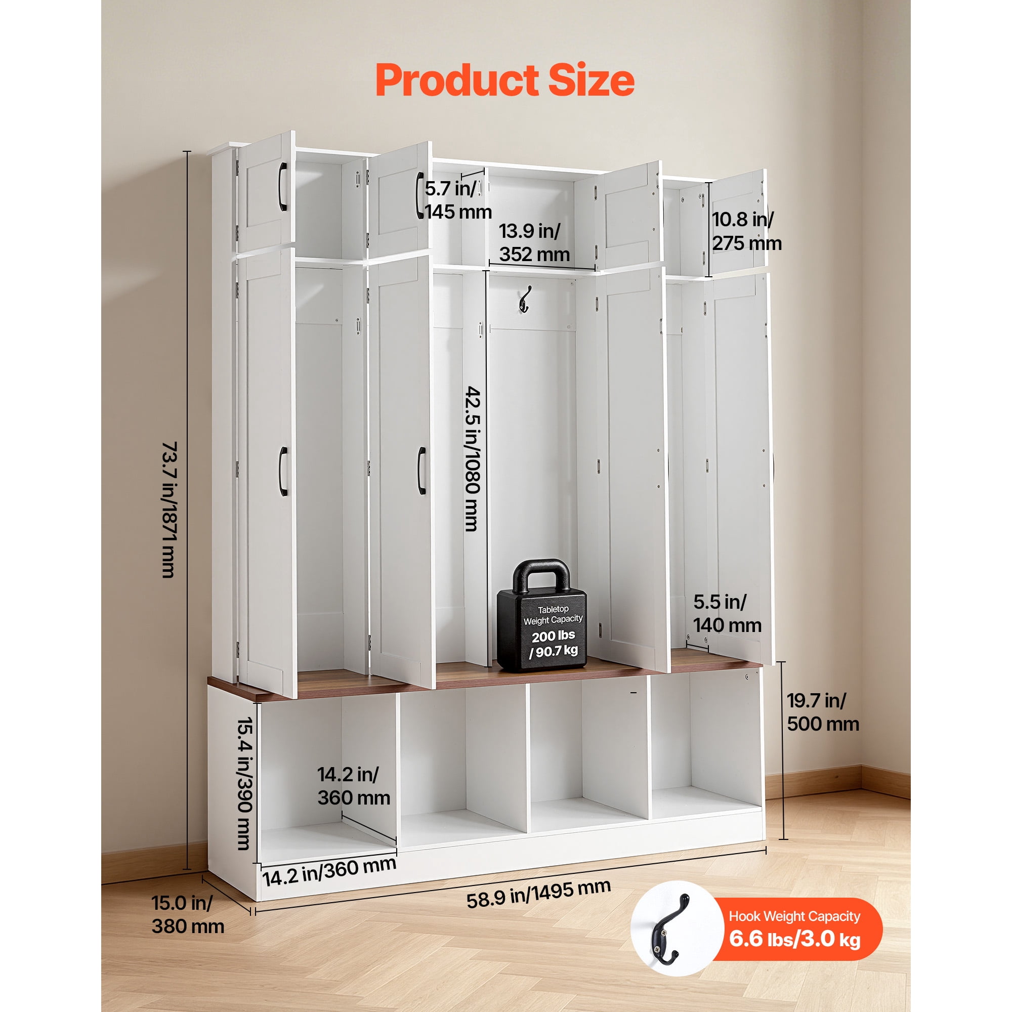 KFFKFF Entryway Hall Tree with Bench and Storage, 59" Wide, 4-in-1 Design Featuring Bench, Hooks, Storage Cabinet, and Shoe Organizer, Wooden Furniture for Mudroom, Hallway, and Entryway, White
