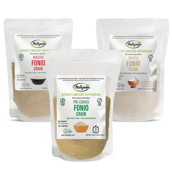 Nafajama Premium Fonio Variety 3 Packs-3lb, Organic Pre-cooked Fonio Grain, Roasted Fonio Grain Organic & Toasted Fonio Flour | Gluten-Free Ancient Grain | Non-GMO, Vegan, High-Fiber Rice Alternative