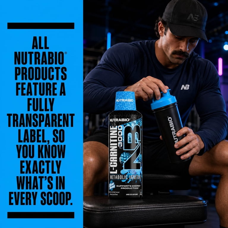 NutraBio – L-Carnitine Liquid Shots – 3000mg, (Blue Razz) – 10mg of Vitamin B-5 – Zero Carbs & Sugars – Energy Production – Muscle Recovery