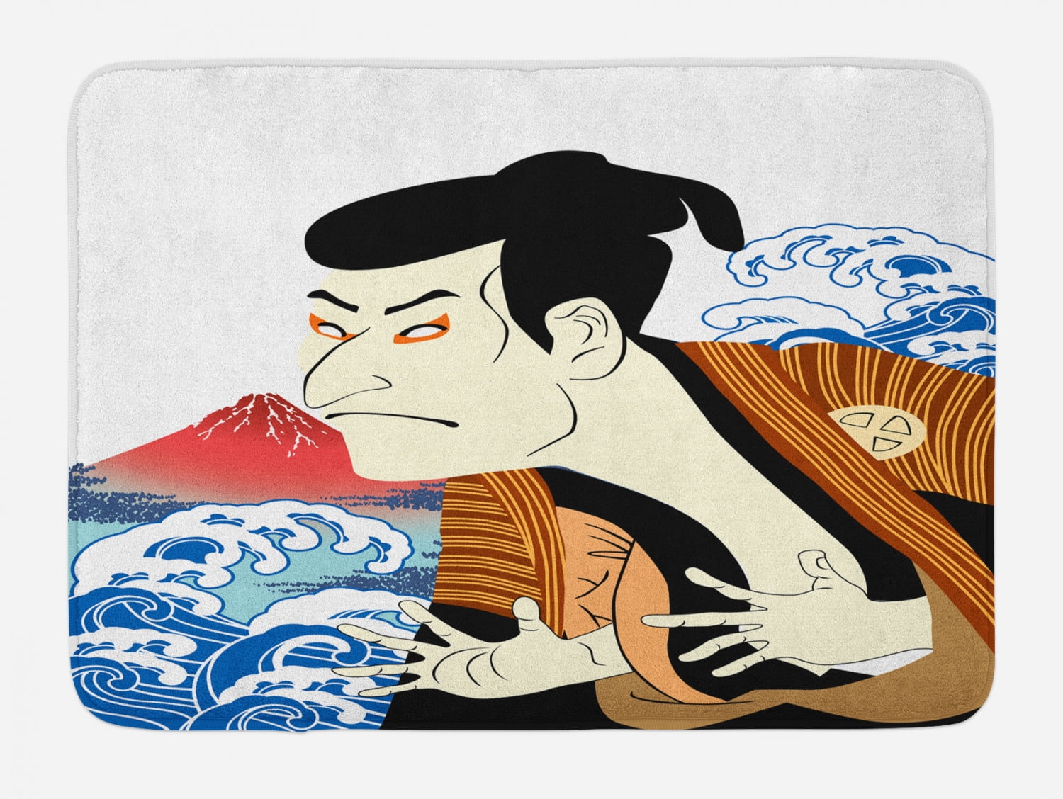 Kabuki Mask Bath Mat, Performer Portrait with Stylized Japanese Waves