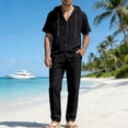thumbnail image 4 of Linen 2 Piece Sets for Men Button Down Linen Hoodie Shirts with Hood and Beach Pants Loose Fit Casual Vacation Outfits Size 3XL Black, 4 of 9