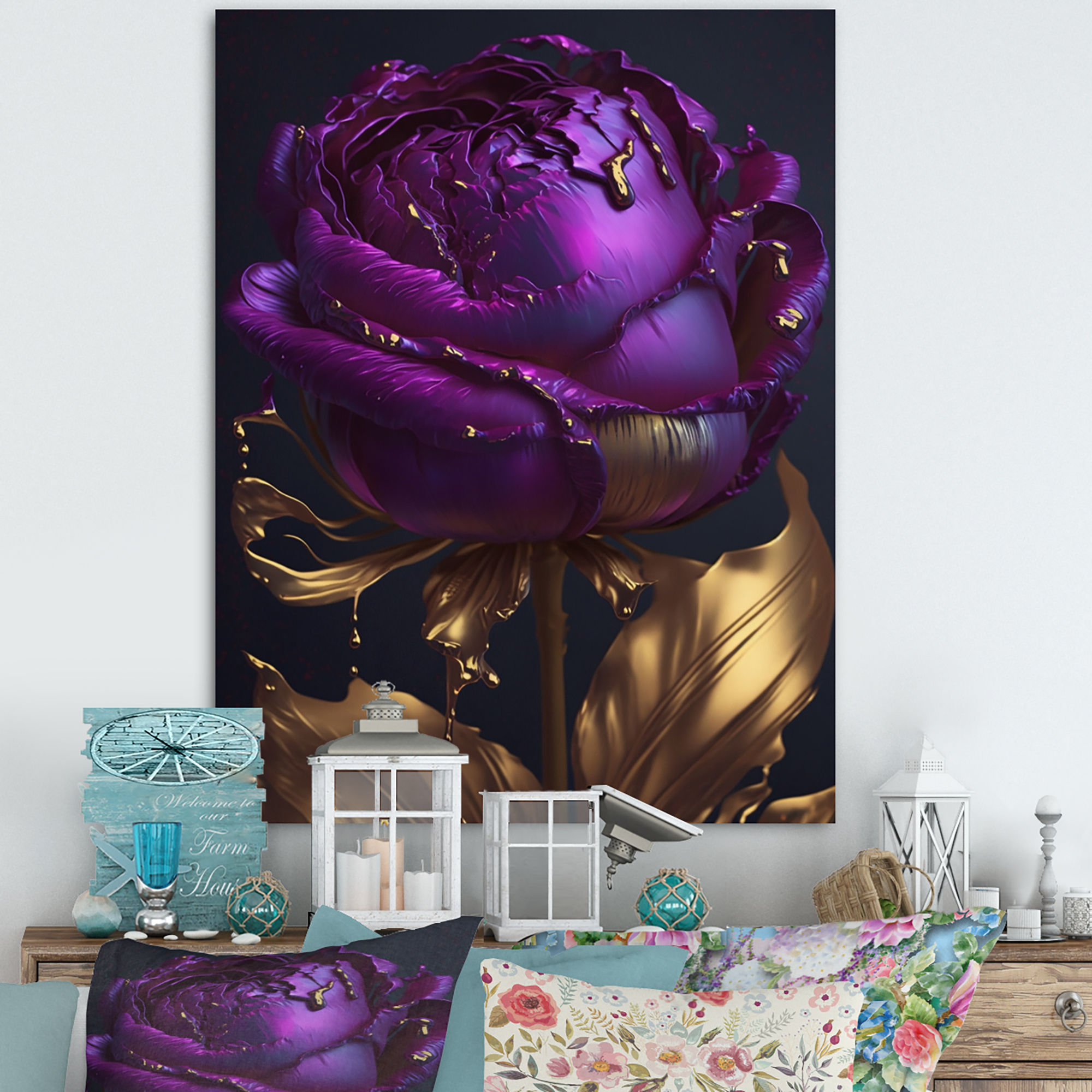 Designart Purple Peony Liquid Gold III Canvas Wall Art