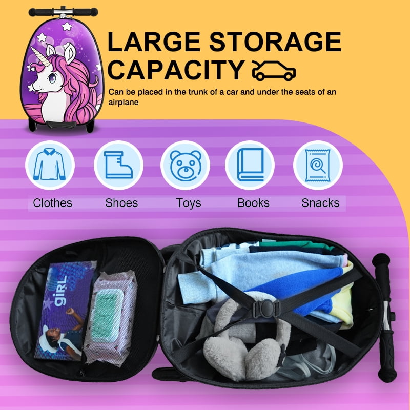 EAYSG 2-in-1 Kids Scooter Luggage with LED Lights,Ride-On Carry-On Suitcase for Children Ages 5-12, Foldable, Lightweight Travel Suitcase,Purple
