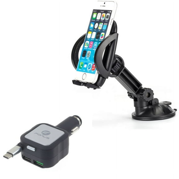 Retractable Car Charger w Dash Mount Holder P6Z for LG V20, G6, V30 V50 ThinQ 5G, V40 ThinQ, V35 ThinQ, Q7 Plus, Google Nexus 5X, G8 ThinQ, G7 ThinQ, Stylo 4 Plus - Microsoft Lumia 950