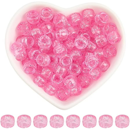 1 Box 500Pcs Glitter Pink Pony Beads Clear Plastic Barrel Beads 6 x 9mm Pony Beads with 3.8mm Large Hole Sparkling Kandi Charms for Jewelry Making Supplies DIY Crafts Bracelets Hair Braids