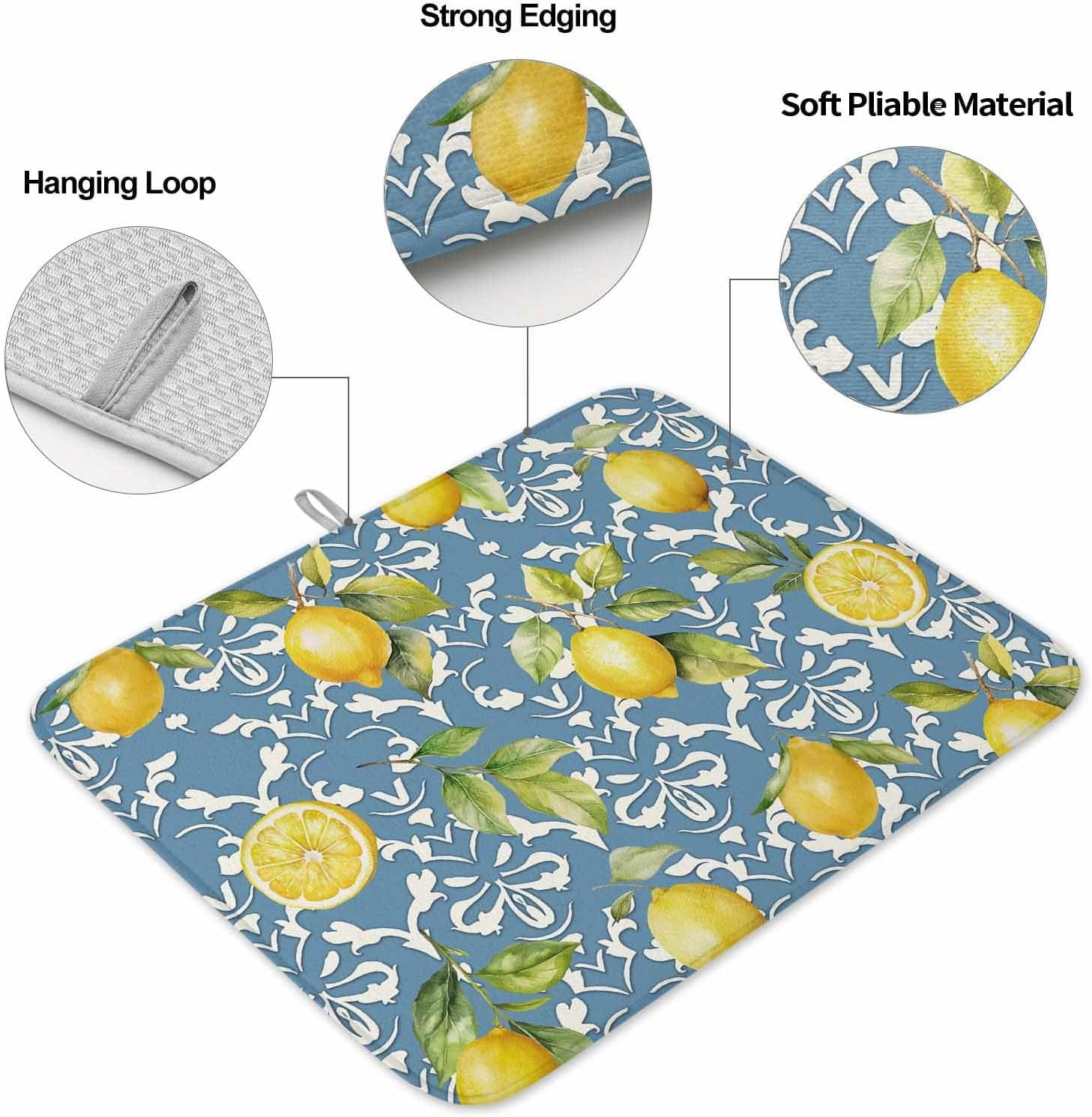 Summer Lemon Dish Drying Mat for Kitchen Counter, Green Botanical Blue Watercolor Fruits Baby Bottle Microfiber Drying Pad, Absorbent Coffee Cup Dishes Drainer Mats 18"x24", 1 Pcs