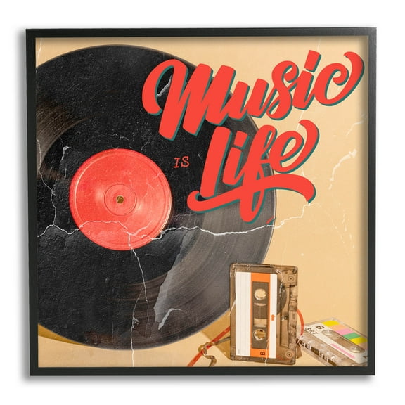 Music Is Life Vintage Cassette Inspirational Graphic Art Black Framed Art Print Wall Art