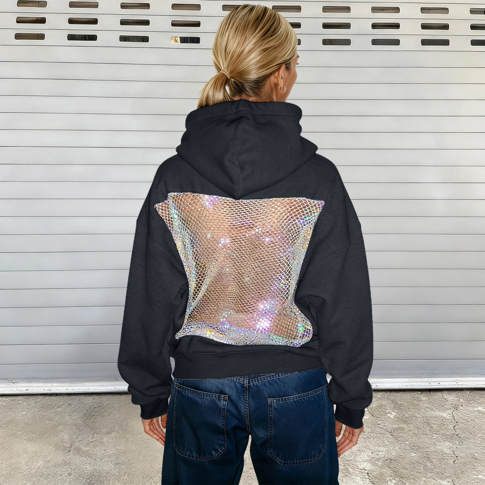 XIAOCHA Womens Rhinestone Mesh Back Panel Pullover Hoodie