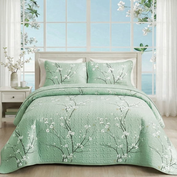 2/3-Piece Floral Plum Blossom Quilted Bedspread Set, Soft Microfiber Coverlet with 1/2 Pillow Shams, All Season Lightweight Bedding, Multi-Color Options, Machine Washable