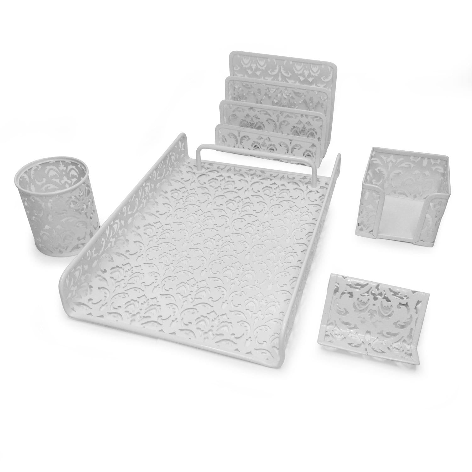 Majestic Goods 5-Piece Flower Design Punched Metal Mesh Office Accessories & Desk Organizer in White (JMWHT)