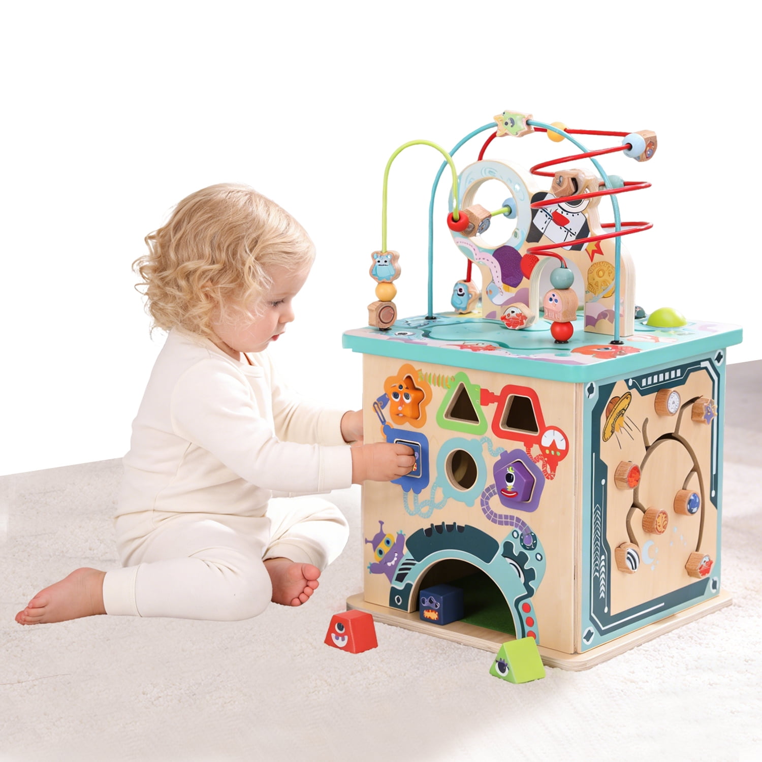 Udeas 5 in 1 Wooden Activity Cube. Educational Learning Toy for Kids with Bead Maze, Shape Sorter and Music Gears. for Toddlers 18 Month+. Birthday Gifts for Boys and Girls