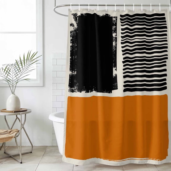 Orange Black Extra Long Shower Curtain Set, Waterproof Shower Curtains for Bathroom, Farmhouse Striped Modern Abstract Art Washable Fabric Bath Curtain for Bathtub Decoration with Hooks 72x96 Inches