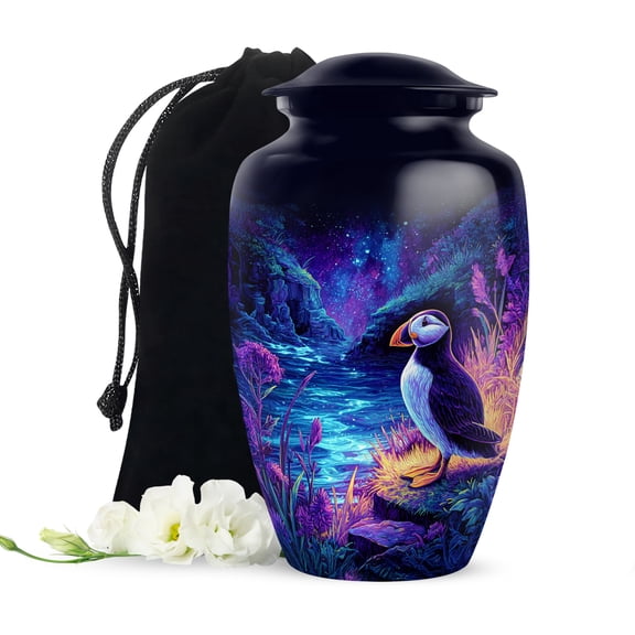 Puffin Funeral Urn For Adult Mother, Cremation Urn For Human Ashes Large Adult, Burial Urns For Ashes Male, Blue Urns For Male And Female, 10 Inch